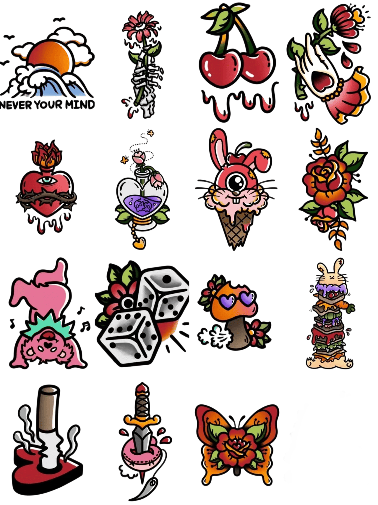 Old School American Traditional Flash Sheet Herbal Temporary Tattoo For Vintage Aesthetic