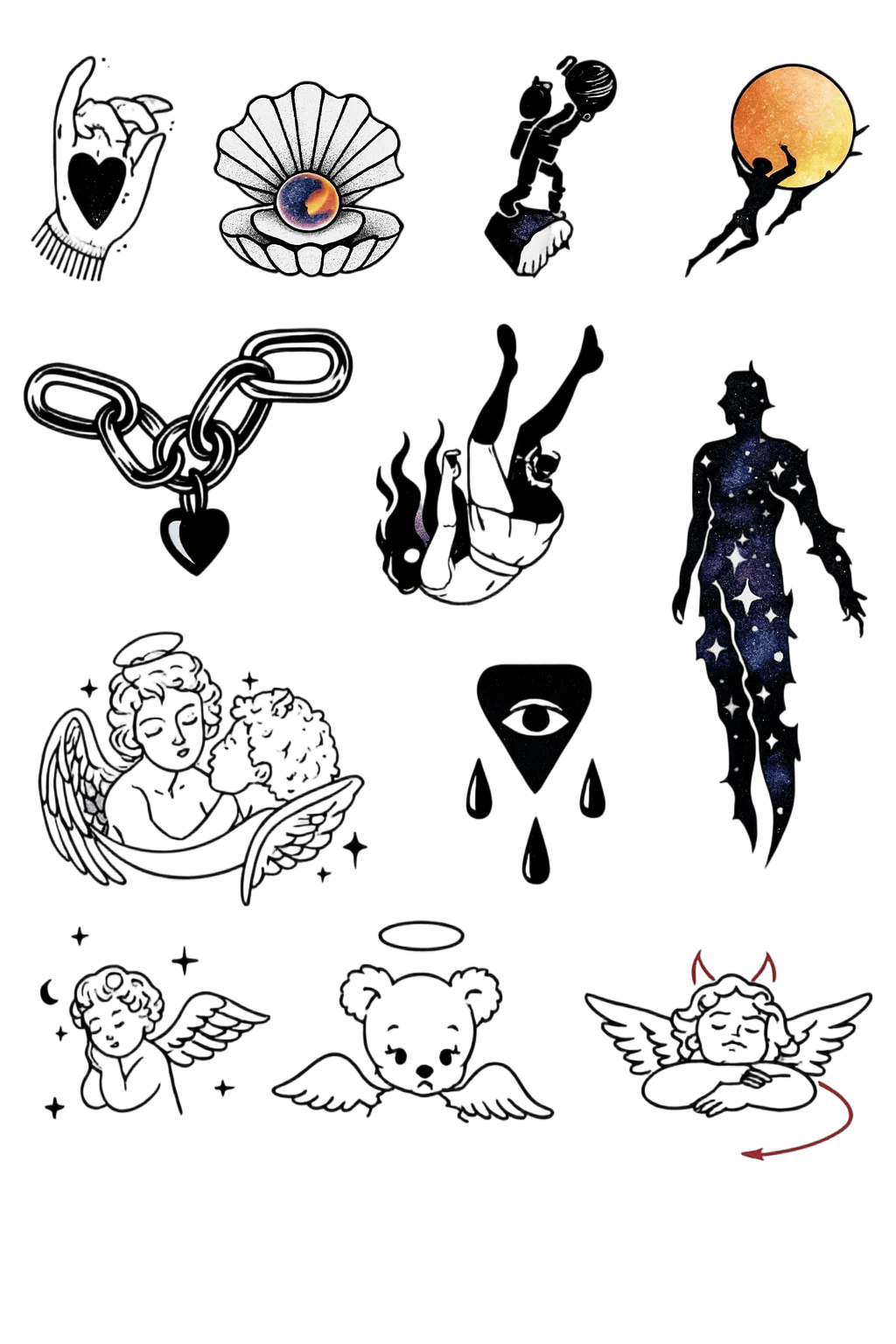 Angel Devil Cherub And Galaxy Silhouette Flash Sheet Herbal Temporary Tattoo