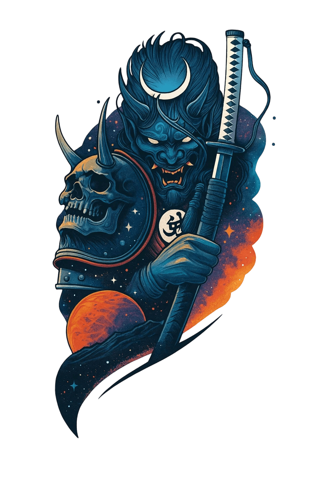 Japanese Oni Demon Samurai With Cosmic Katana Herbal Temporary Tattoo