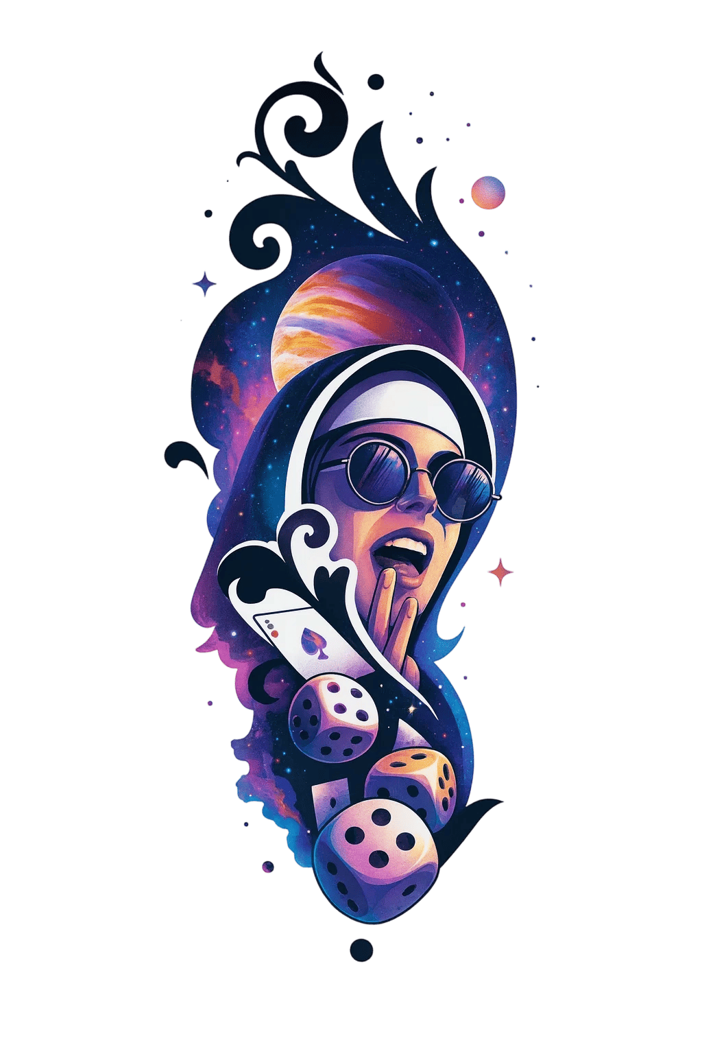Neo Traditional Cosmic Nun With Sunglasses And Dice Herbal Temporary