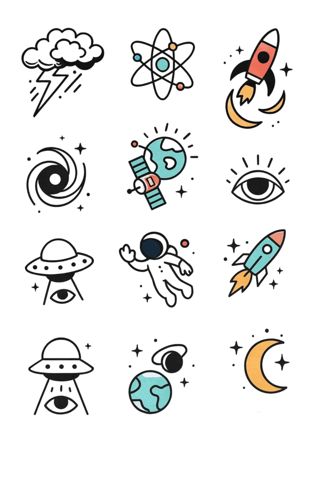 Cute Space Doodle And Alien UFO Flash Sheet Herbal Temporary Tattoo