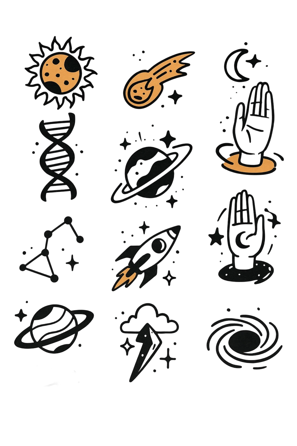 Minimalist Space And Science Doodle Flash Sheet Herbal Temporary Tattoo