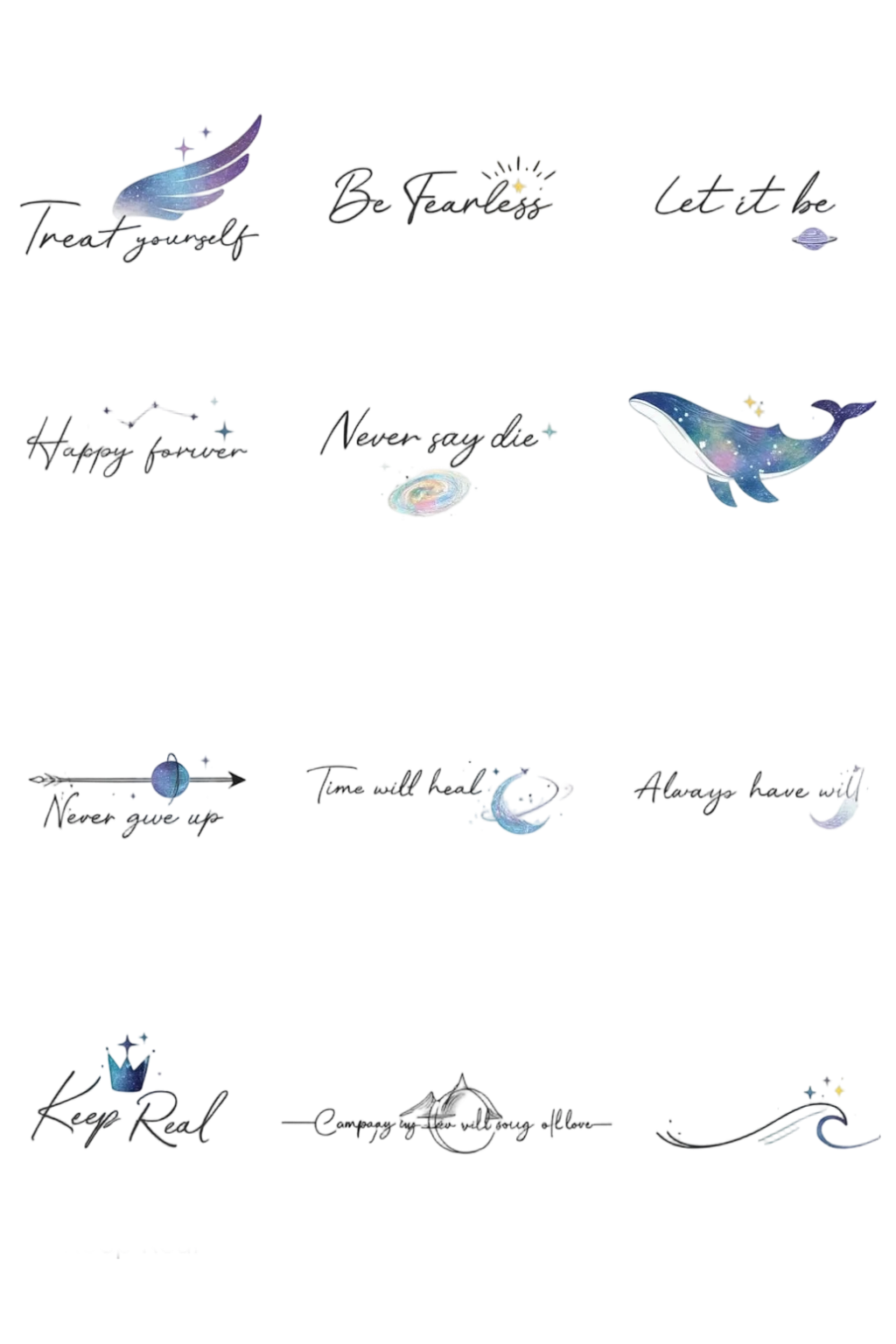 Inspirational Script Quote And Cosmic Watercolor Flash Sheet Herbal Temporary Tattoo