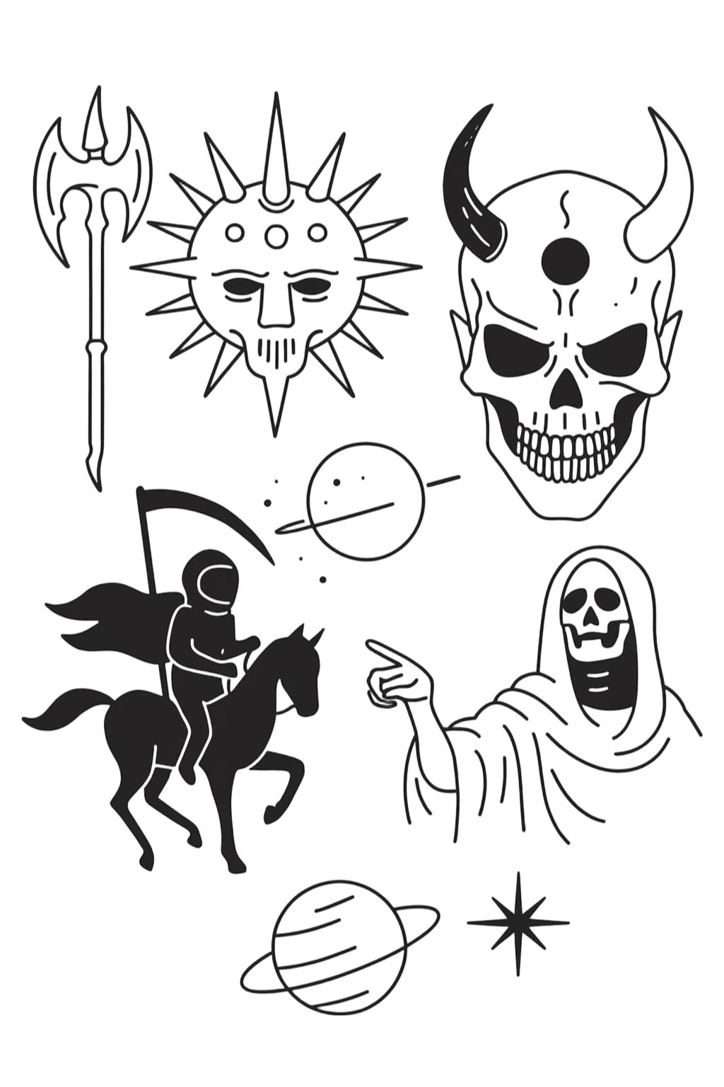 Medieval Dark Fantasy Sun Skull And Reaper Astronaut Herbal Temporary Tattoo Flash Sheet