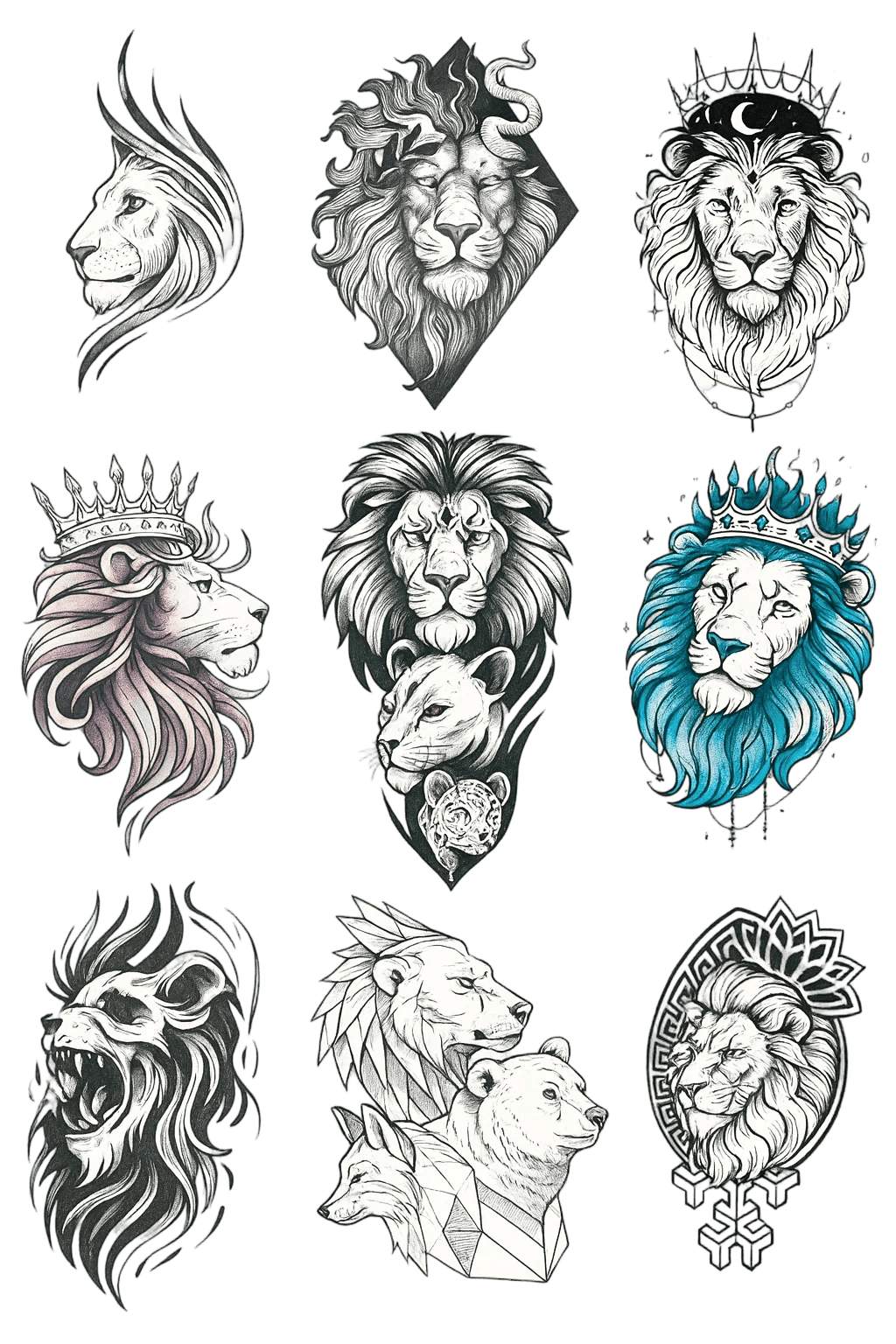 Majestic Royal Lion King And Family Portrait Flash Sheet Herbal Temporary Tattoo