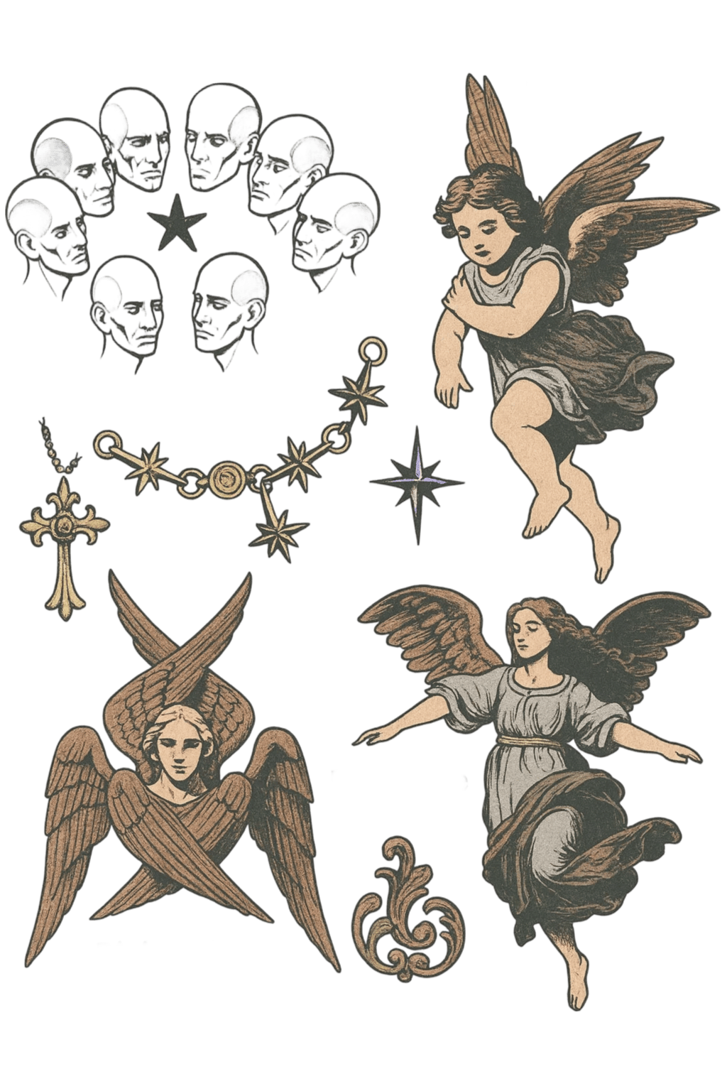 Vintage Renaissance Angel And Seraphim Herbal Temporary Tattoo Flash Sheet