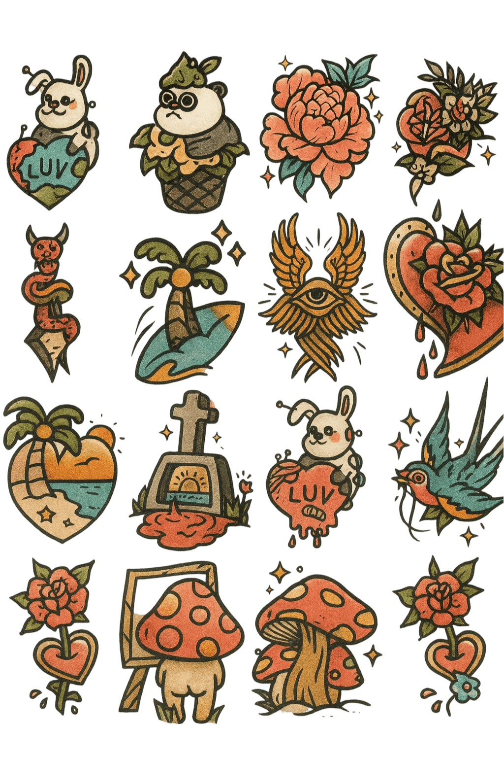 Cute Vintage American Traditional Animal And Mushroom Flash Sheet Herbal Temporary Tattoo