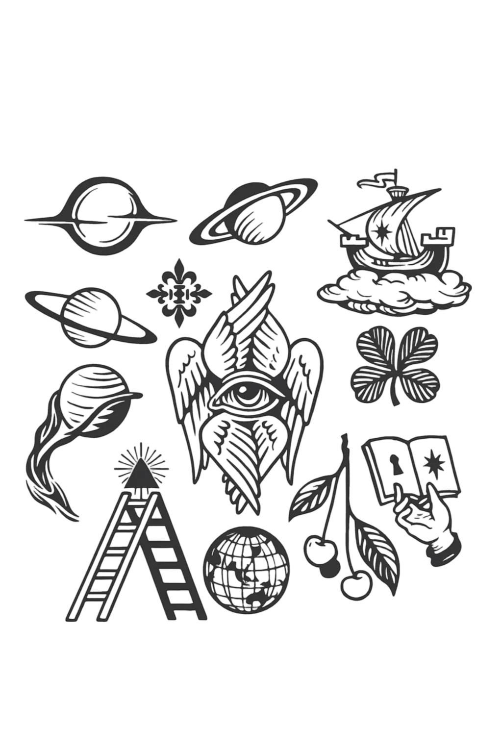 Blackwork Esoteric Biblically Accurate Angel And Saturn Flash Sheet Herbal Temporary Tattoo