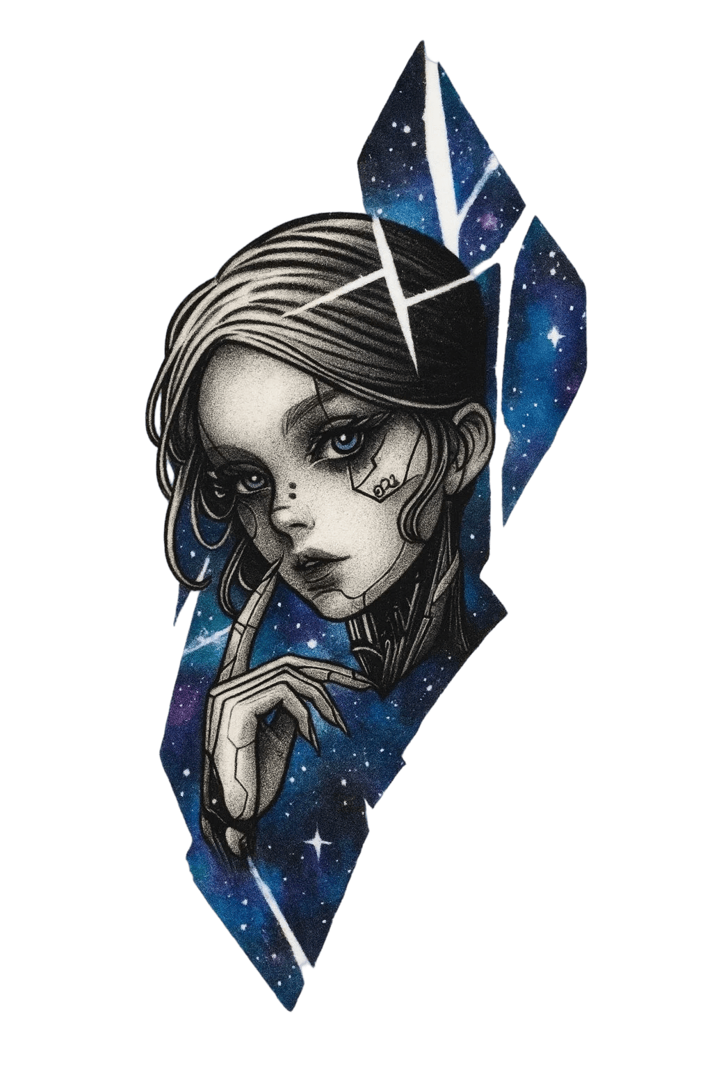 Surreal Cyberpunk Cyborg Girl Portrait And Broken Glass Galaxy Herbal Temporary Tattoo
