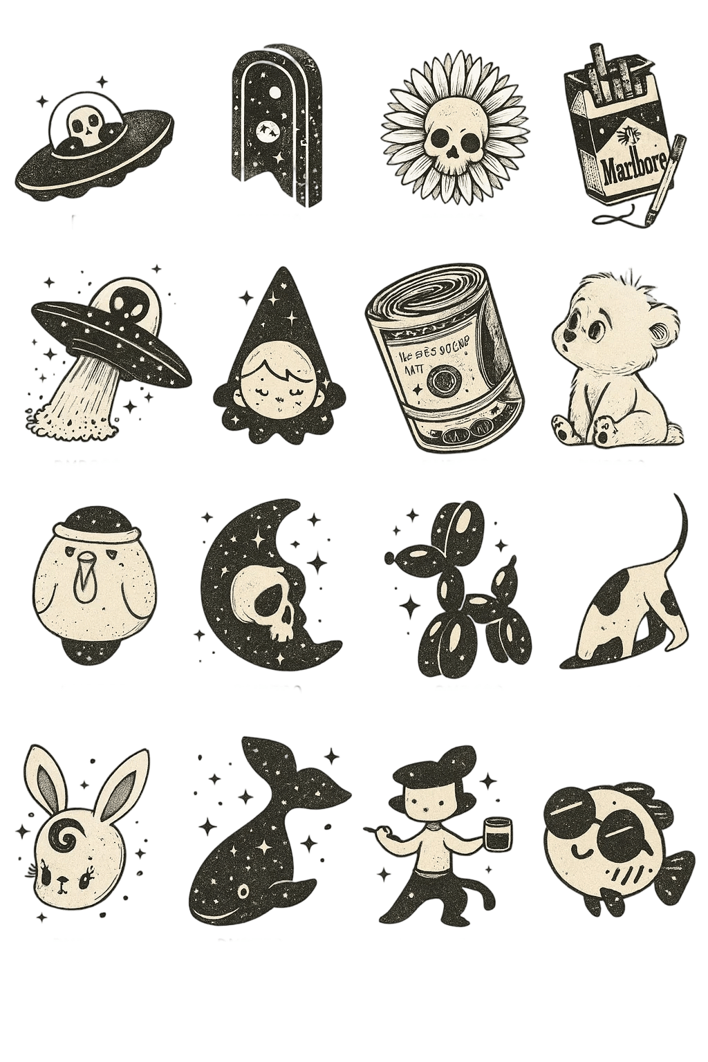 Ignorant Style UFO Skull And Balloon Dog Doodle Flash Sheet Herbal Temporary Tattoo