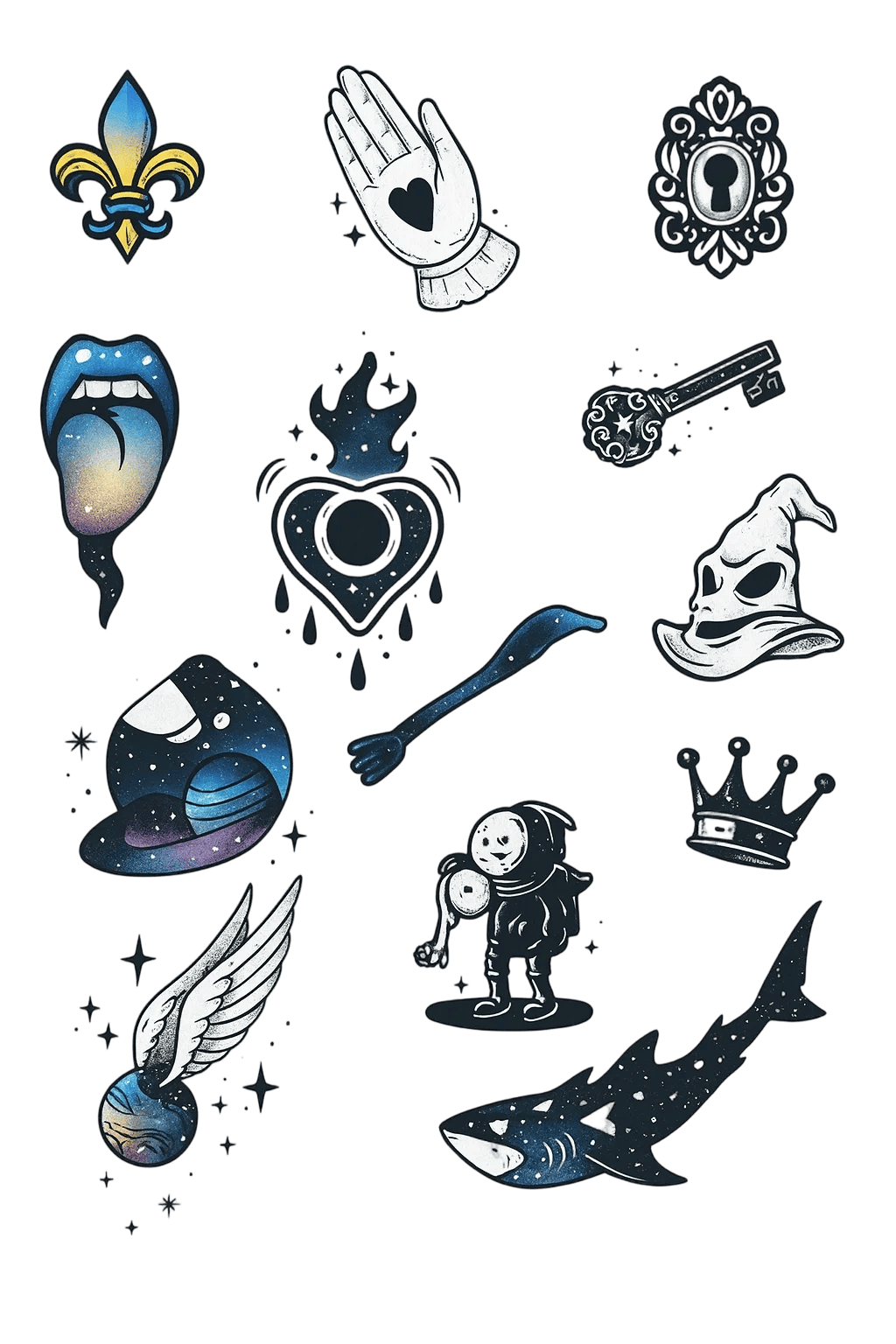 Magical Wizard Hat And Cosmic Galaxy Shark Flash Sheet Herbal Temporary Tattoo