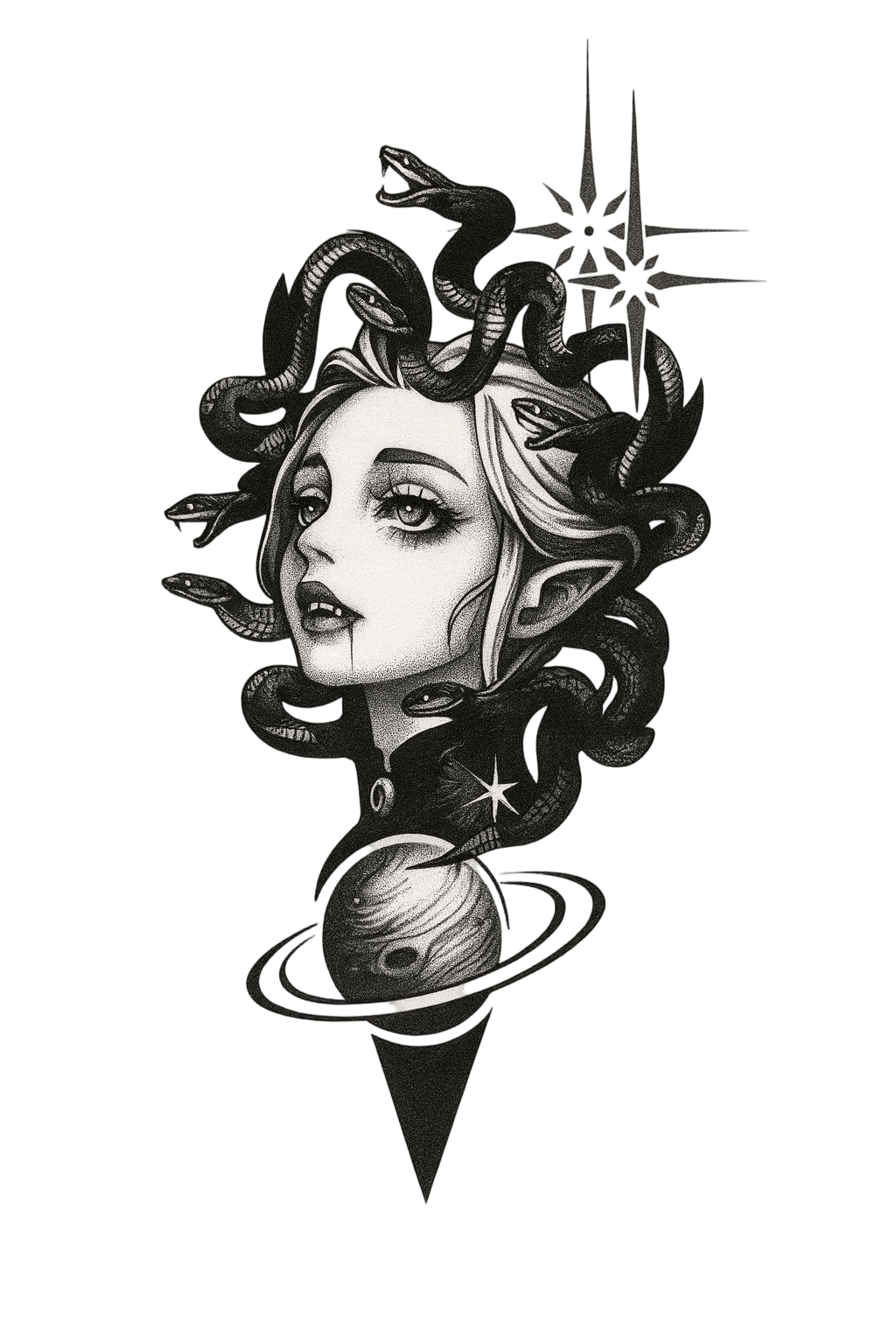 Gothic Anime Style Medusa With Snake Hair And Planet Saturn Herbal Temporary Tattoo