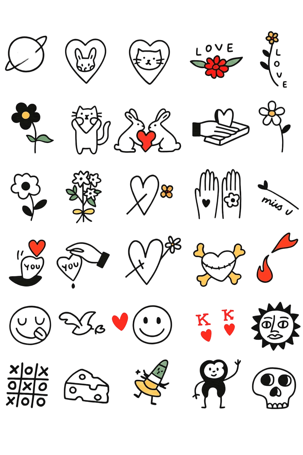 Cute Hand Drawn Doodle Temporary Tattoo Sheet Herbal Long Lasting Minimalist Body Art Sticker Set