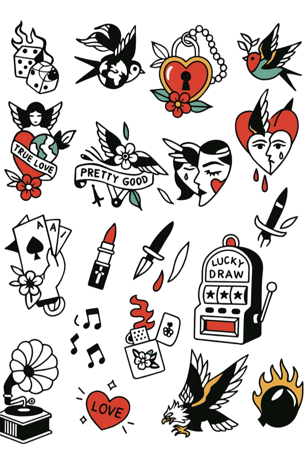 American Traditional Slot Machine Dice And Swallow Flash Sheet Herbal Temporary Tattoo