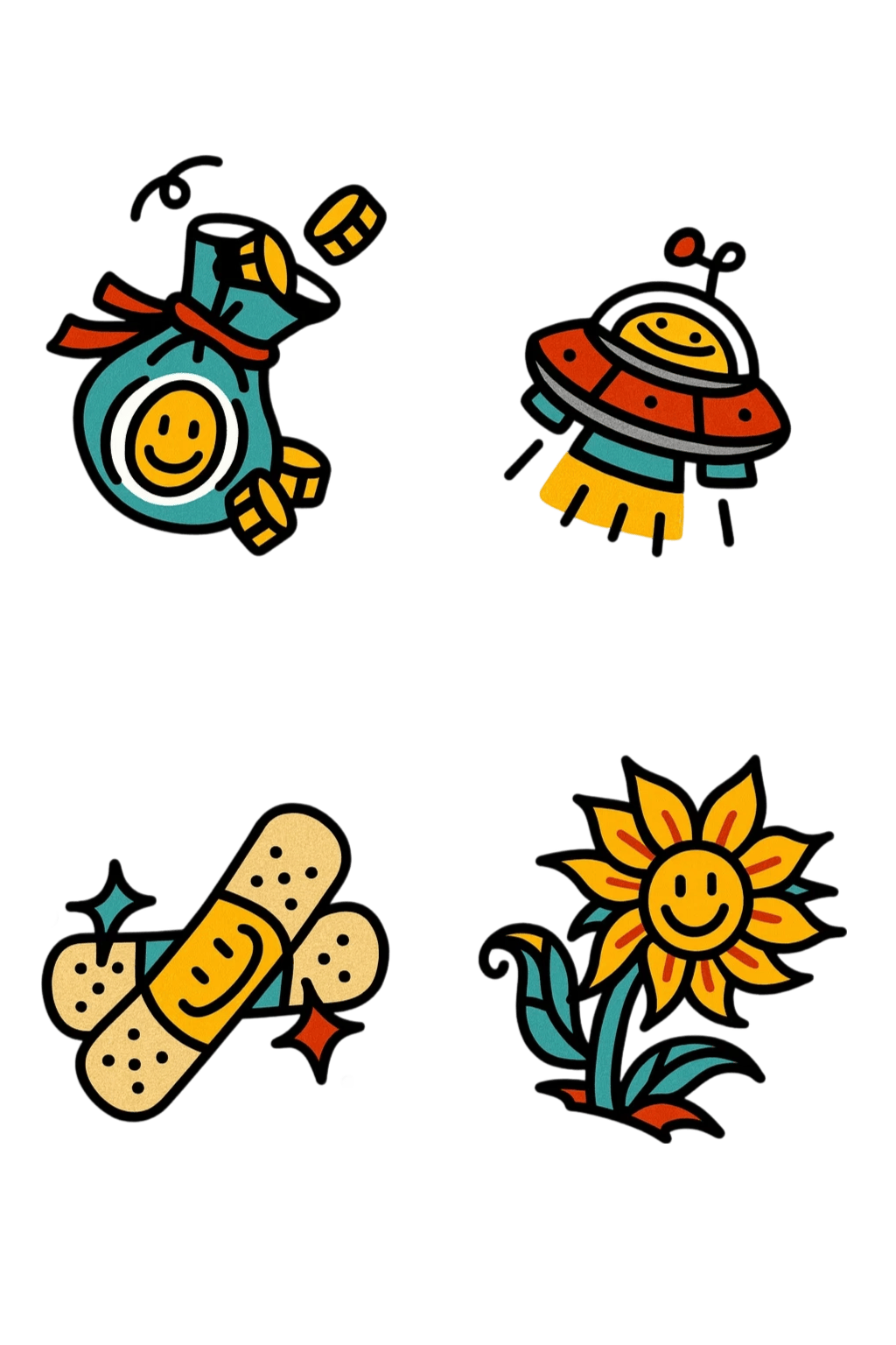 Colorful Cartoon Happy Vibes Temporary Tattoo Sticker Set Money Bag UFO Bandage Sunflower