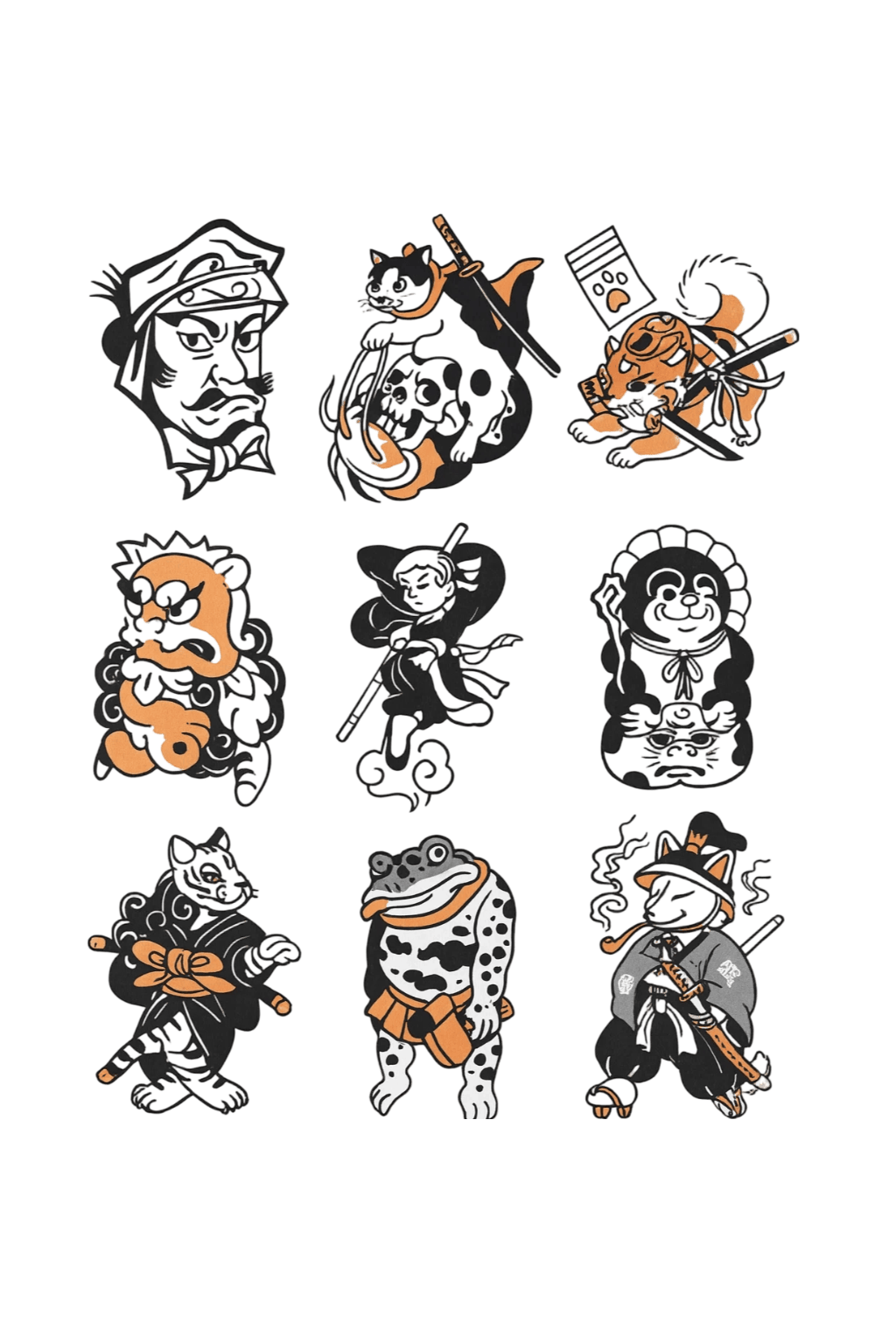 Traditional Japanese Ukiyo-e Samurai Cat And Frog Herbal Temporary Tattoo Sheet