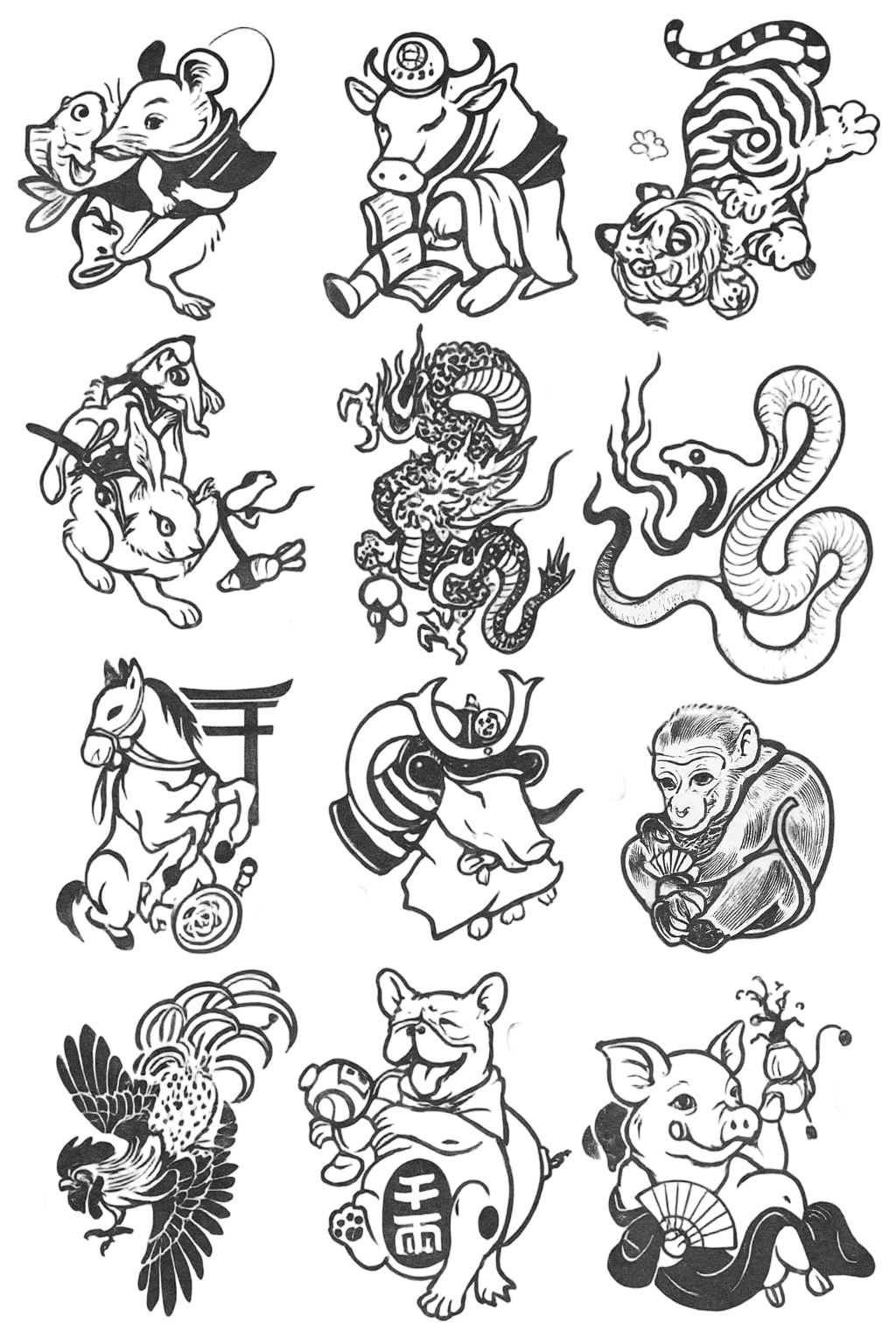 Japanese Ink Wash Style Chinese Zodiac 12 Animal Horoscope Flash Sheet Herbal Temporary Tattoo