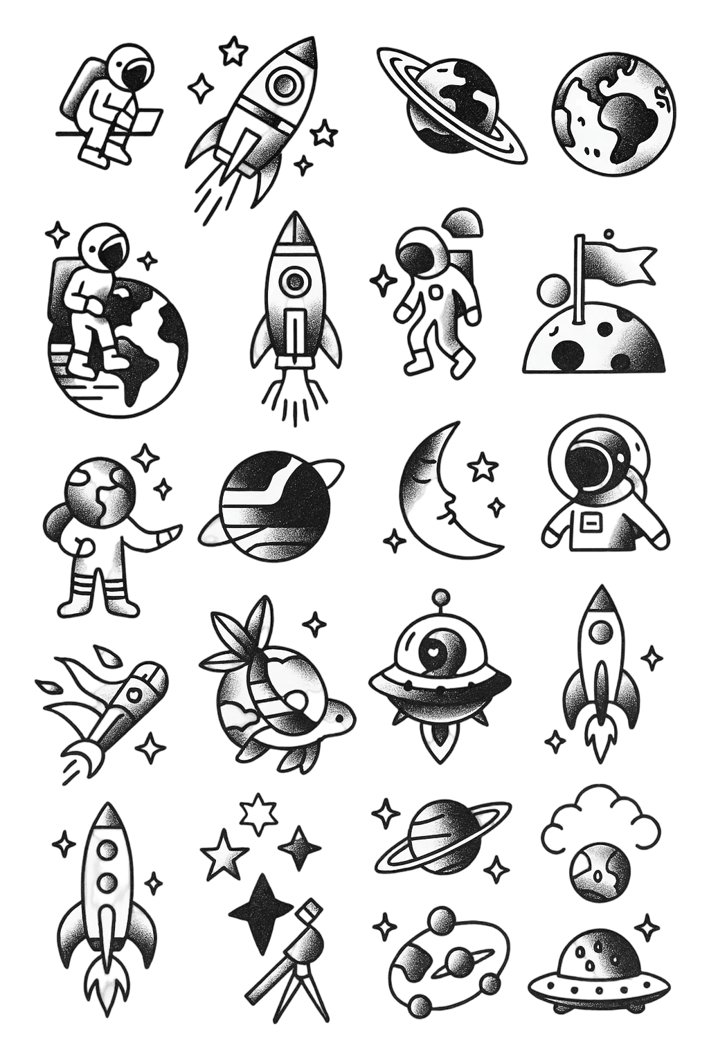 Cute Stipple Shading Space Astronaut And Rocket Flash Sheet Herbal Temporary Tattoo