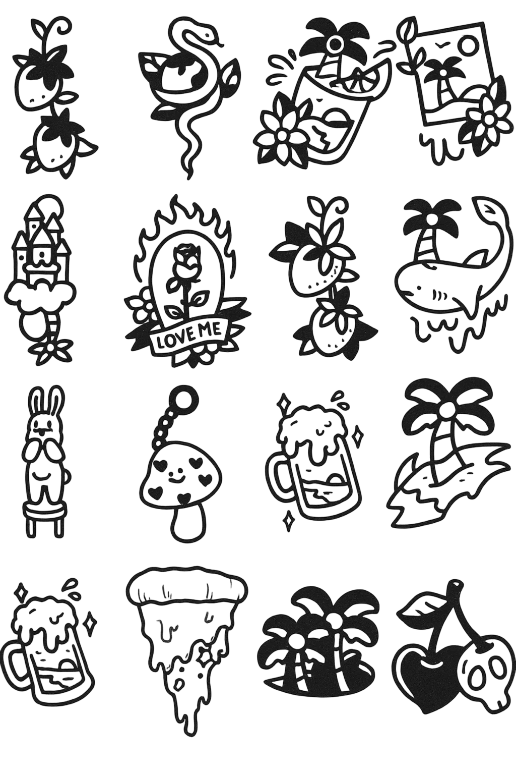 Summer Vacation Doodle Flash Sheet With Shark Palm Tree And Melting Pizza Herbal Temporary Tattoo