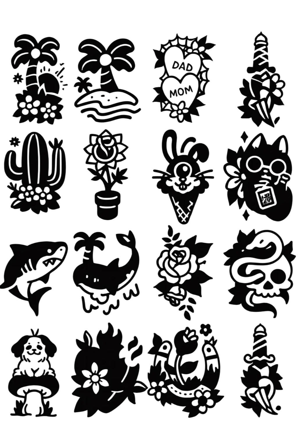 Bold Blackwork Silhouette Flash Sheet With Shark Palm Tree And Mom Heart Herbal Temporary Tattoo