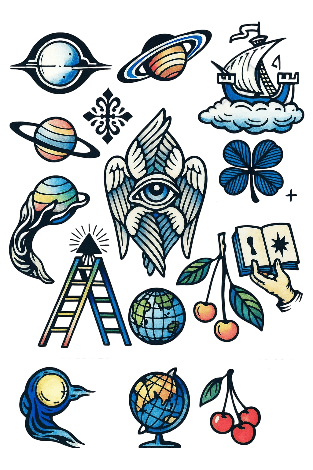 Colorful Neo Traditional Surrealist Flash Sheet With Biblically Accurate Angel And Cloud Ship Herbal Temporary Tattoo