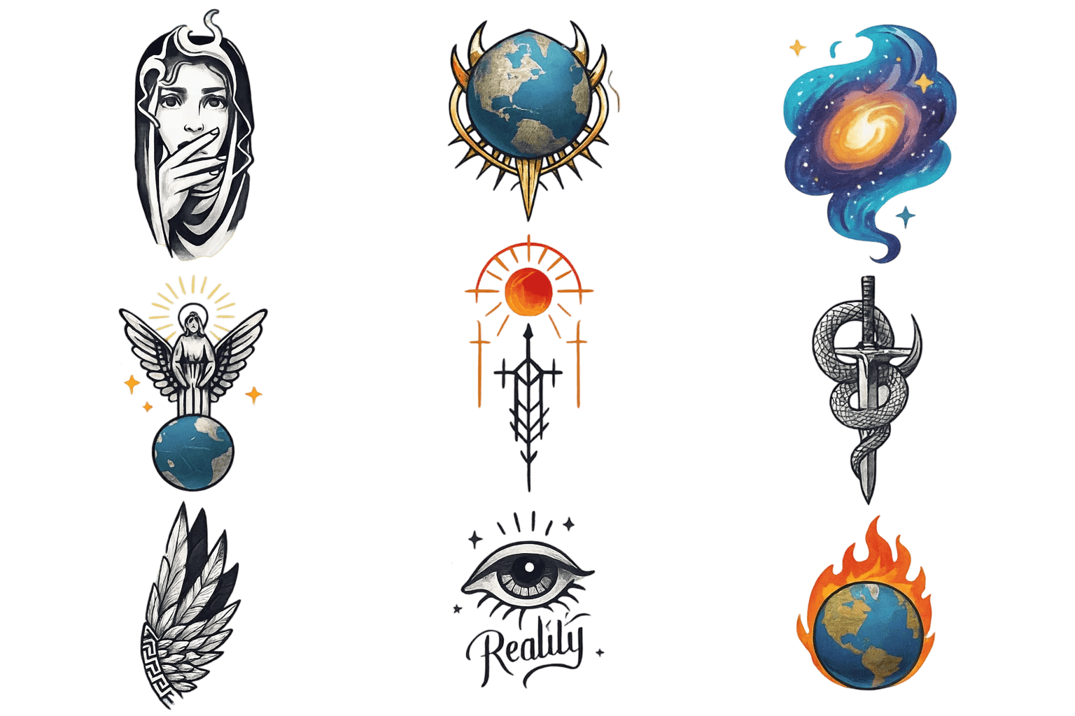 Mystical Surrealism Flash Sheet Snake Dagger Galaxy Burning Earth Herbal Temporary Tattoo