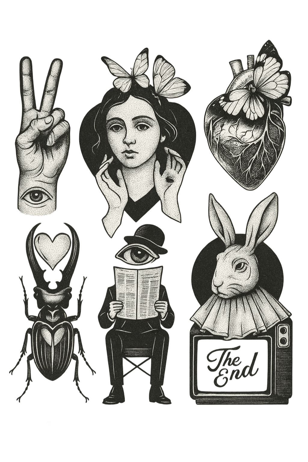 Vintage Surrealist Flash Sheet With Anatomical Heart And The End TV Rabbit Herbal Temporary Tattoo