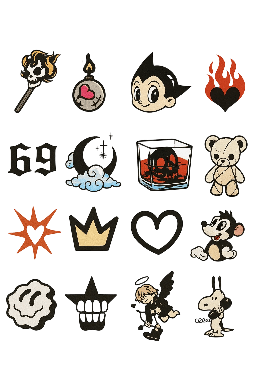 Stitched Teddy Bear Cupid And Retro Cartoon Dog Graffiti Flash Sheet Herbal Temporary Tattoo