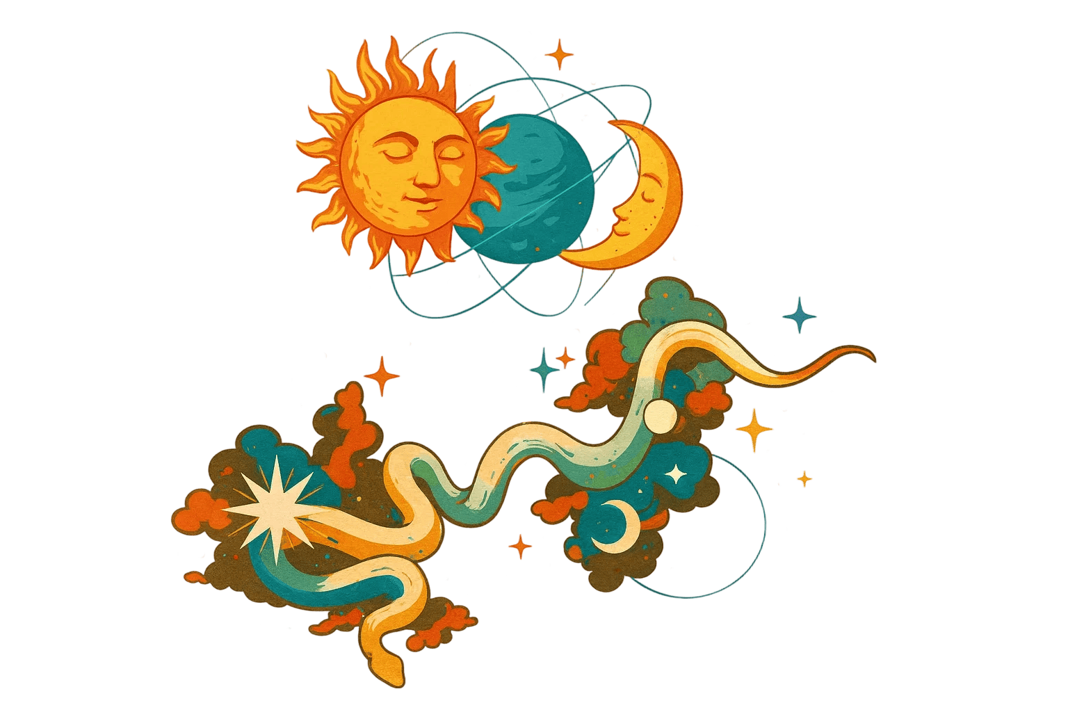 Psychedelic Vintage 70s Sun Moon And Cloud Serpent Herbal Temporary Tattoo