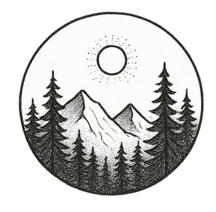 Geometric Circle Mountain And Pine Tree Forest Landscape Herbal Temporary Tattoo