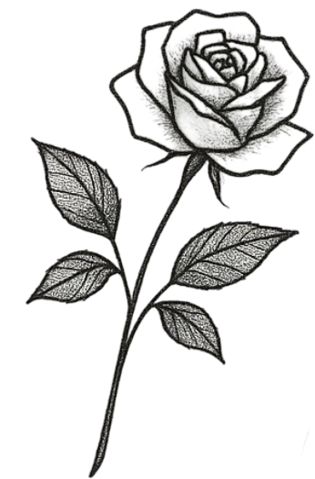 Classic Stipple Shading Rose Flower With Stem And Leaves Herbal Temporary Tattoo