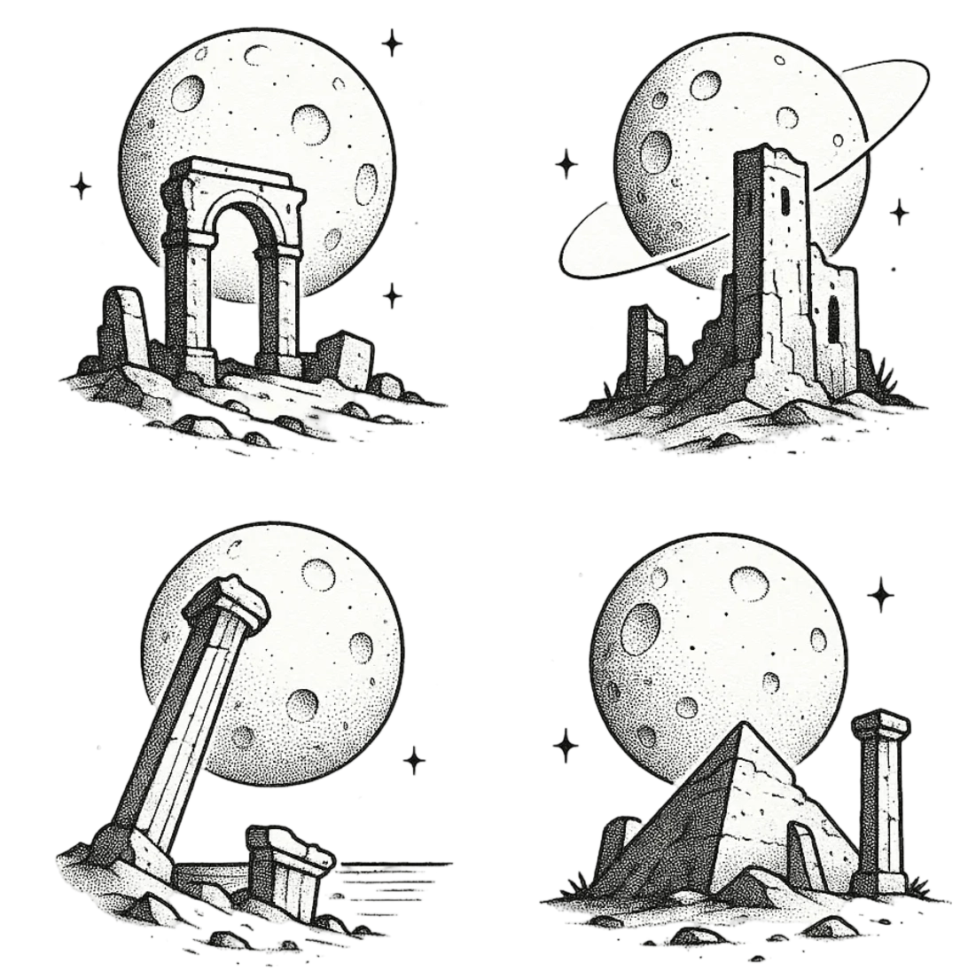 Minimalist Stipple Ancient Ruins And Moon Architecture Flash Sheet Herbal Temporary Tattoo