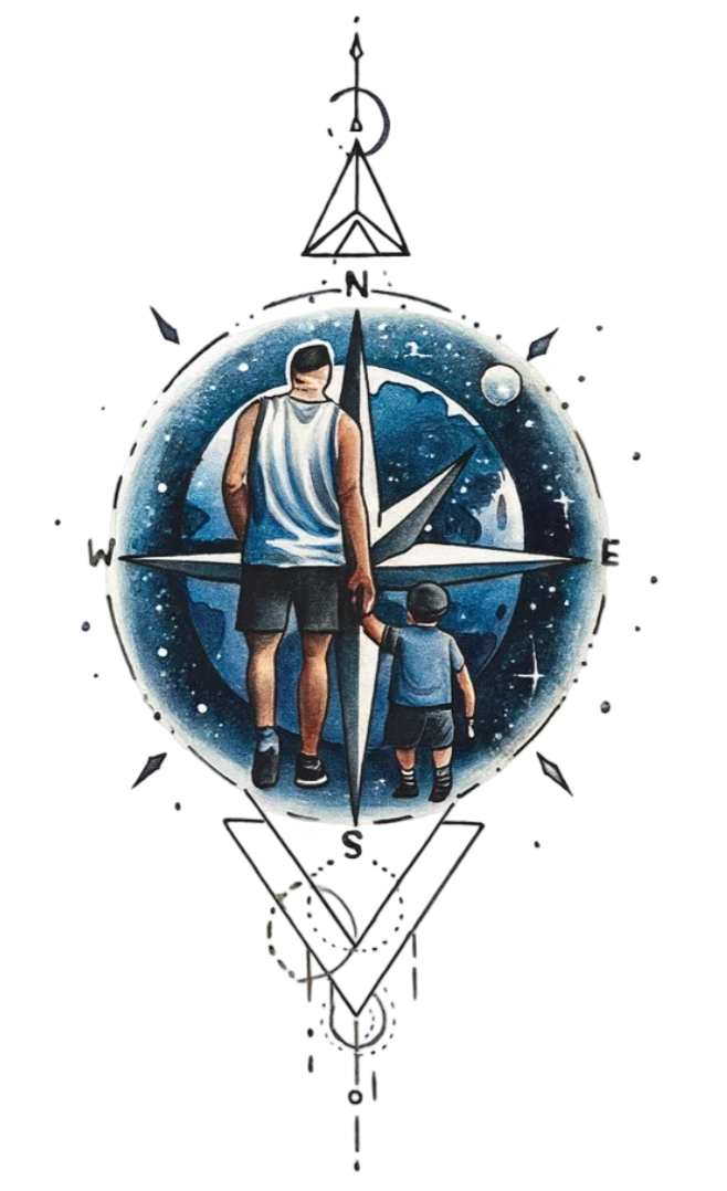 Watercolor Father And Son Walking Through Galaxy Compass Herbal Temporary Tattoo