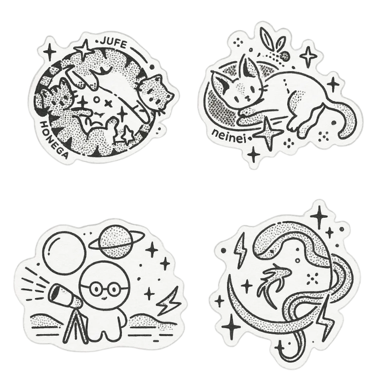 Cute Hand Drawn Cuddling Cats And Space Telescope Doodle Flash Sheet Herbal Temporary Tattoo